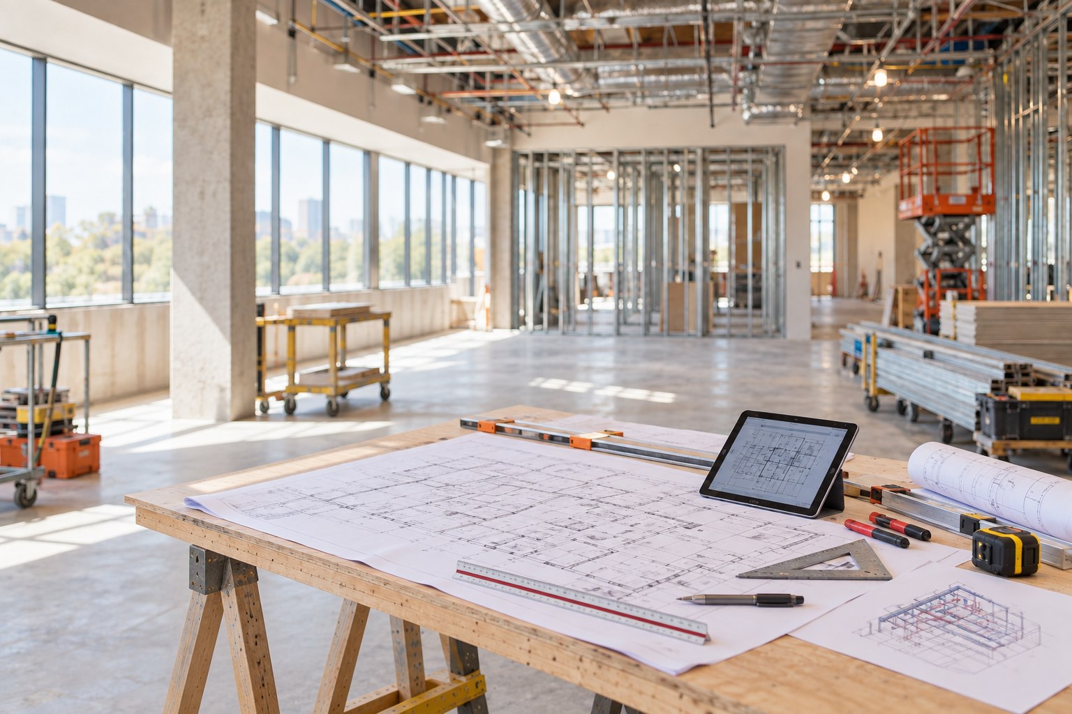Illustrative construction planning table with plans and tablet