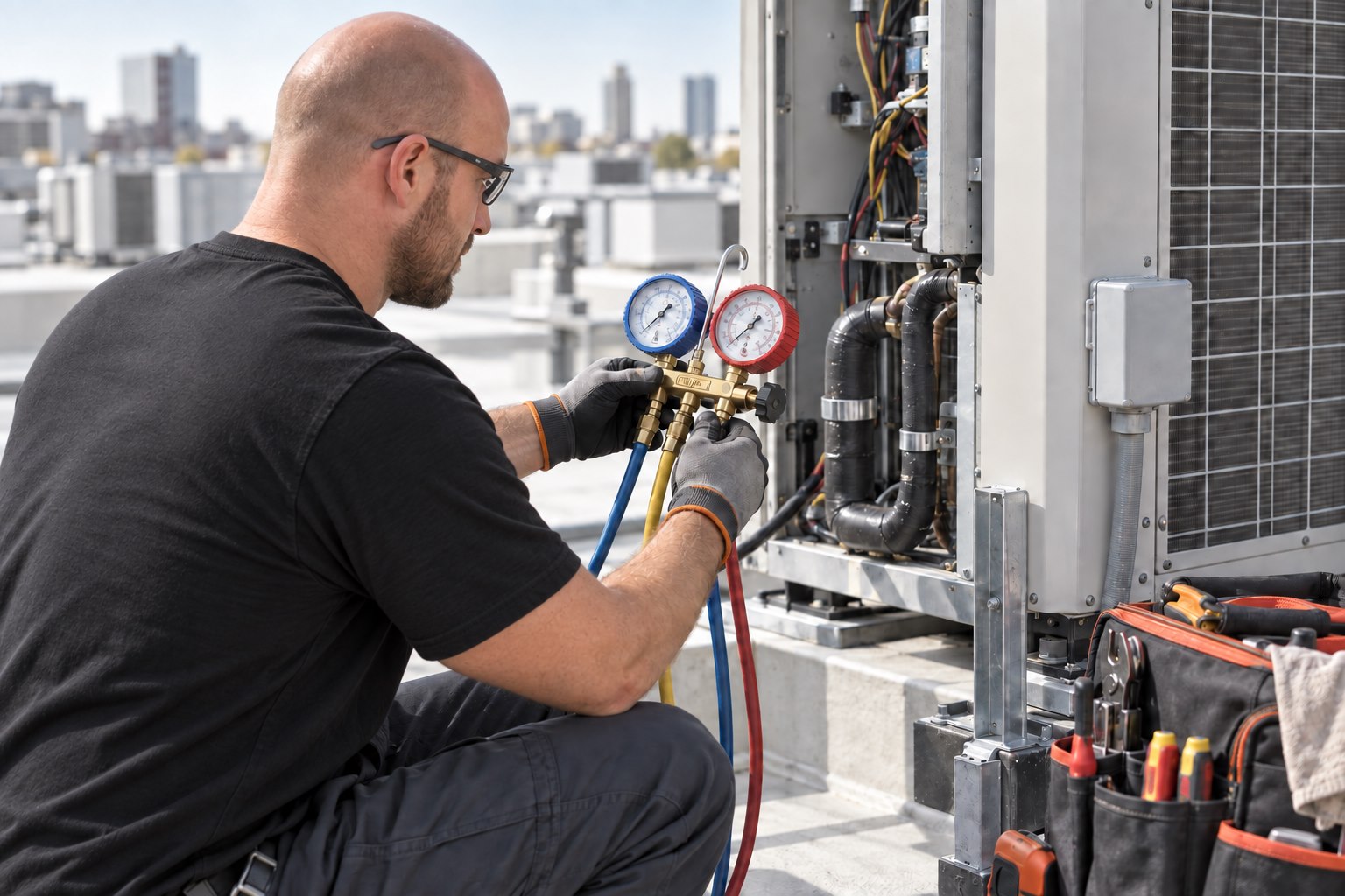 Illustrative technician inspecting commercial HVAC equipment